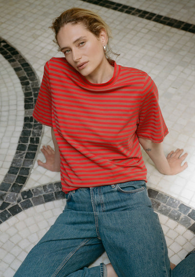 CRUSH SHIRT IN GERANIUM AND MOCHA STRIPES