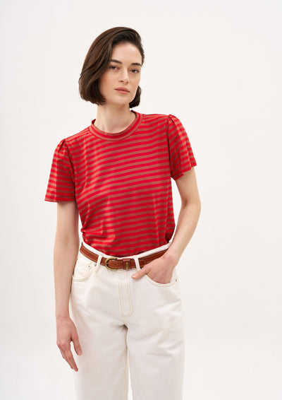 LAST MINUTE SHIRT IN GERANIUM AND MOCHA STRIPES