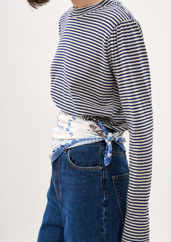 A GOOD IDEA T SHIRT IN MILK AND BLUE STRIPES