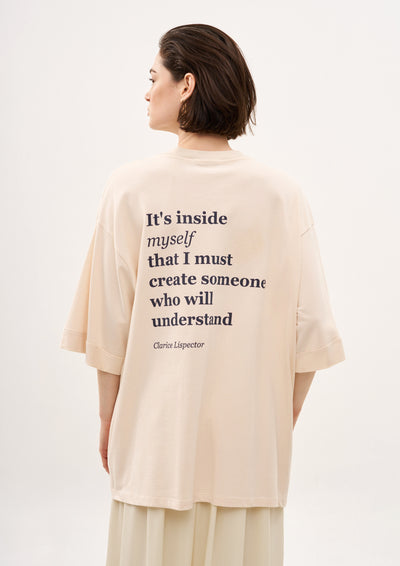 FIND INSIDE MYSELF T SHIRT IN BUTTER WITH NAVY PRINT
