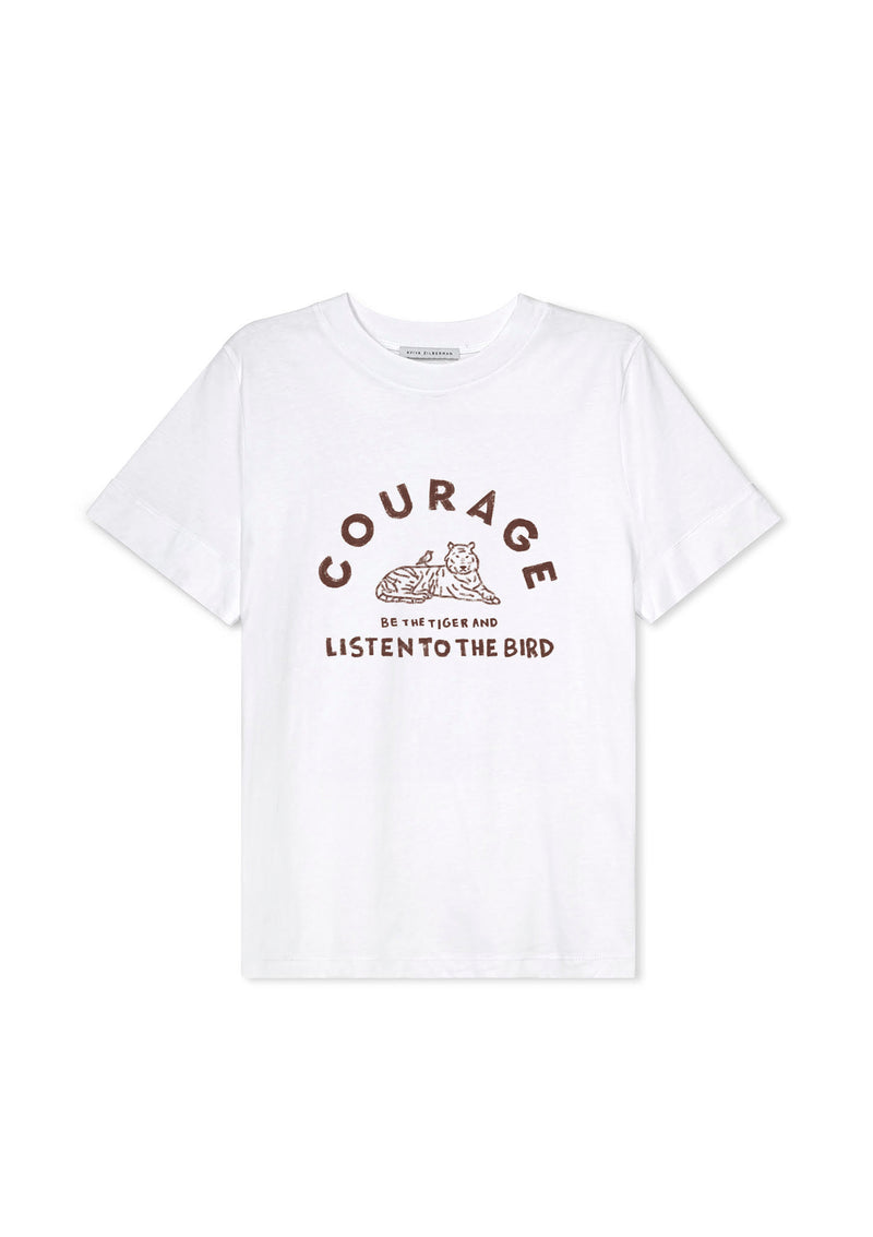 COURAGE. FAIT MAIN GIRL T SHIRT IN CHOCOLATE PRINT